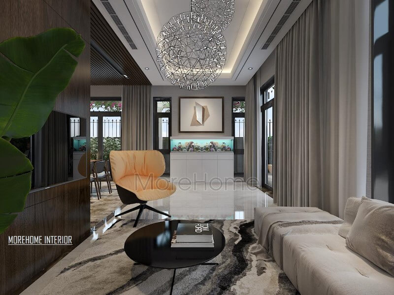 Thảm lông mềm nghệ thuật tạo sự phân chia độc đáo cho phòng khách hiện đại sang trọng. Thiết kế nội thất phòng khách nhà phố