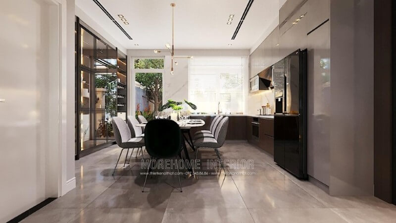 Mẫu thiết kế nội thất phòng bếp kiểu dáng chữ L hiện đại ôm trọn phòng ăn trong lòng. Thiết kế phòng bếp, tủ bếp đẹp