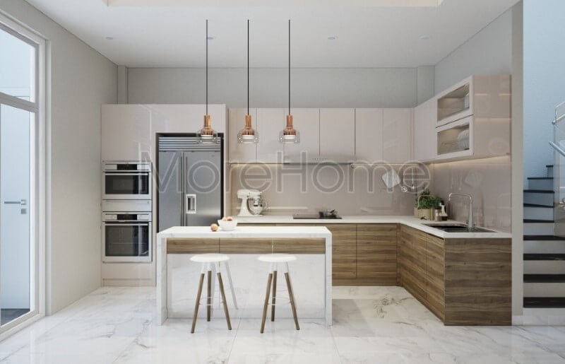 Hệ thống tủ bếp gỗ công nghiệp với tông màu sáng tạo điểm nhấn cho phòng bếp Thiết kế tủ bếp nhà phố sang trọng