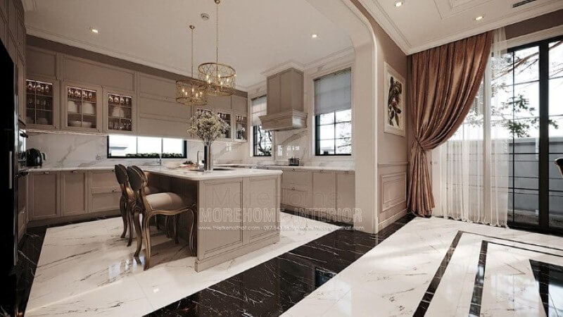 Mẫu tủ đảo bếp gỗ tự nhiên gam màu nâu nhạt kết hợp cùng đá ốp lát tạo nên vẻ đẹp nhẹ nhàng, thanh lịch nhưng không kém phần sang trọng tại biệt thự cao cấp Hải Phòng. Thiết kế tủ bếp nhà phố sang trọng