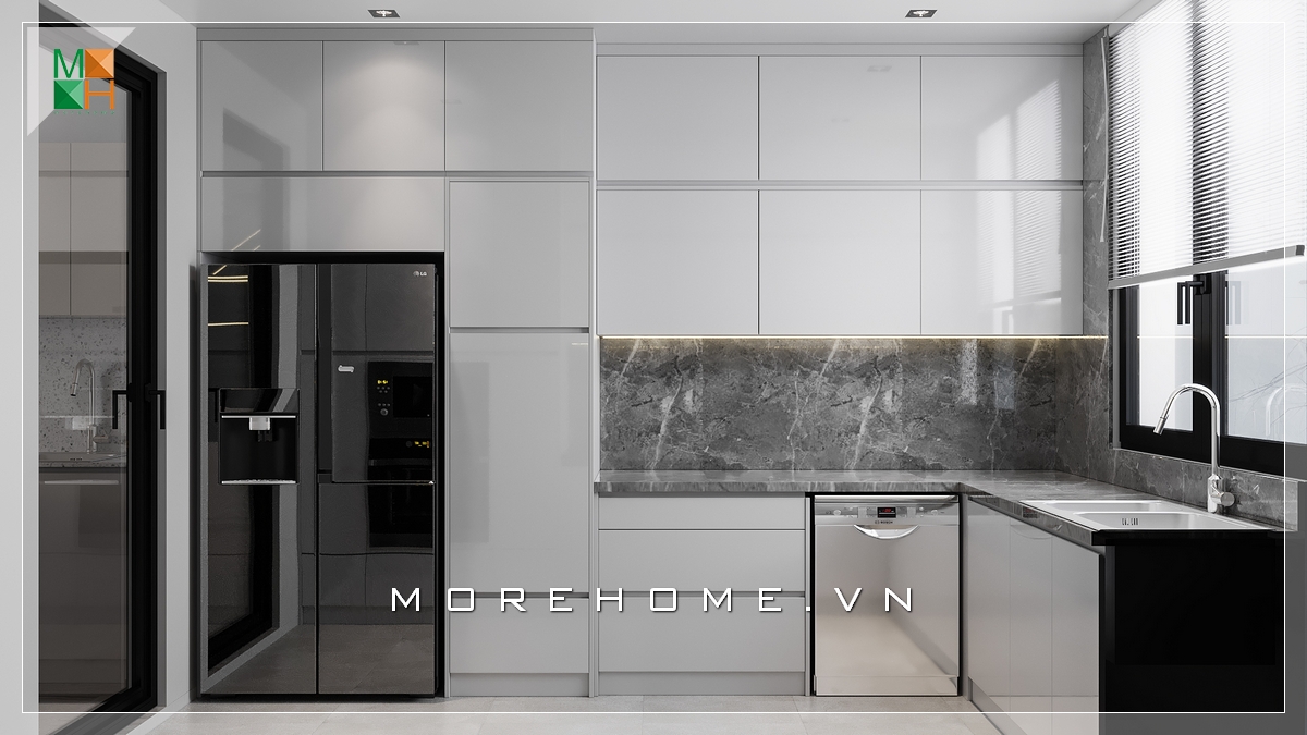 Ấn tượng với mẫu tủ bếp hiện đại thiết kế âm tường màu trắng thiết kế tối giản diện tích và rất gọn gàng Thiết kế tủ bếp nhà phố sang trọng