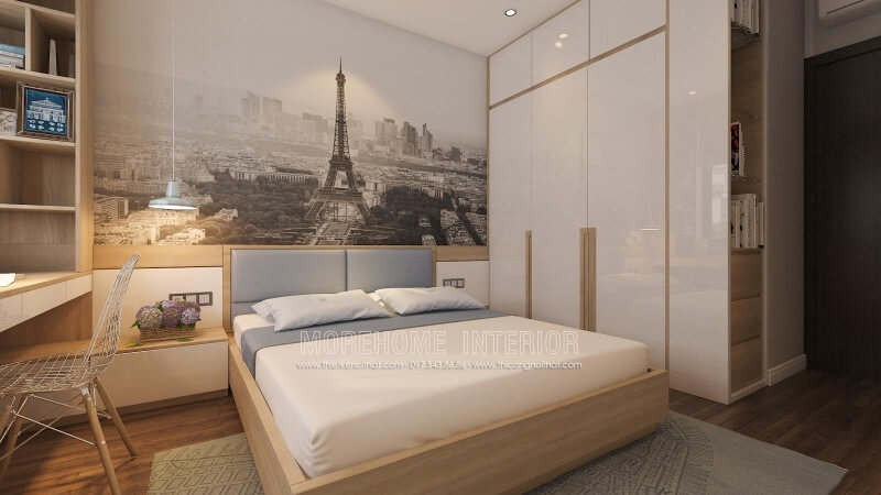 Ý tưởng sáng tạo trong thiết kế nội thất phòng ngủ nhỏ nhưng tiện ghi với tab đầu giường làm kệ trang trí, tủ quần áo lồng với kệ để đồ cùng đèn thả ấn tượng giúp không gian phòng ngủ luôn đẹp và thông thoáng. Thiết kế phòng ngủ