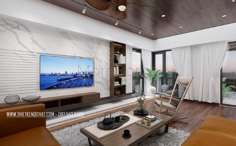 Bố trí nội thất phòng khách đẹp cho biệt thự, nhà phố với đá ốp tường vân mấy trang trí đẹp mắt, sang trọng. Thiết kế nội thất phòng khách biệt thự