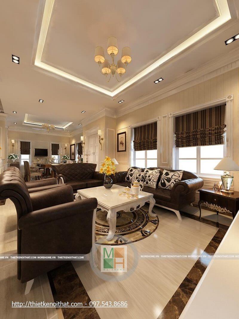 Mẫu sofa tân cổ điển bọc da màu nâu trầm tạo điểm nhấn cho thiết kế phòng khách sang trọng Thiết kế nội thất phòng khách biệt thự