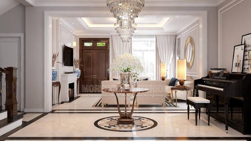 Sảnh phòng khách ấn tượng với bàn trang trí và không gian để bàn piano đẹp sang trọng.