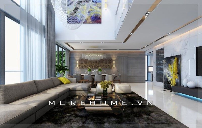 Thiết kế không gian phòng khách thông tầng với đầy đủ những nội thất tiện nghi mang đến 1 chất lượng cuộc sống hoàn mỹ cho mọi thành viên trong gia đình.