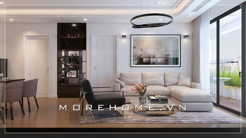 Sofa phòng khách hiện đại màu xám kết hợp với bàn trà tinh tế góp phần mang đến sự sang trọng, thân thiện ngay khi bước chân vào căn phòng.