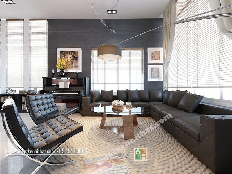 Nội thất sofa chữ L bọc da cho phòng khách với tone màu nâu đen hiện đại, sang trọng