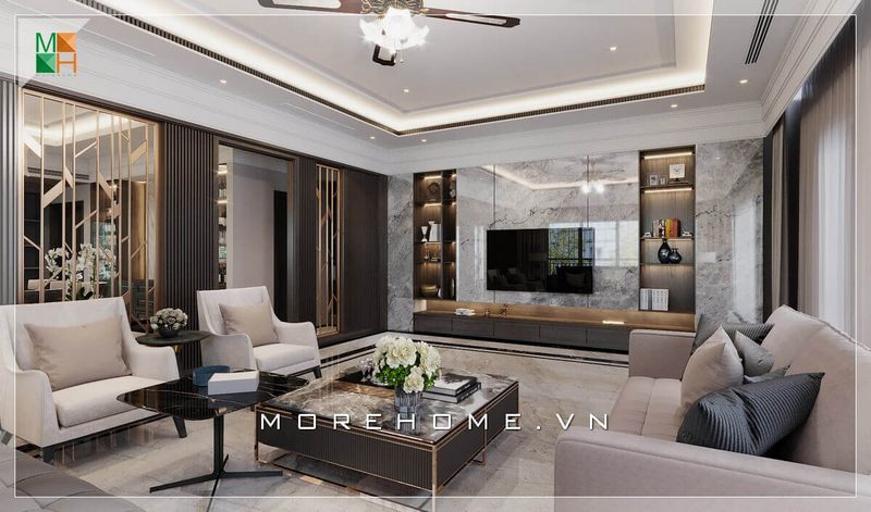 Mẫu thiết kế kệ tivi bằng gỗ óc chó kiểu dáng hình hộp đơn giản kết hợp kệ trang trí, phù hợp chung cư, nhà phố, biệt thự phong cách hiện đại